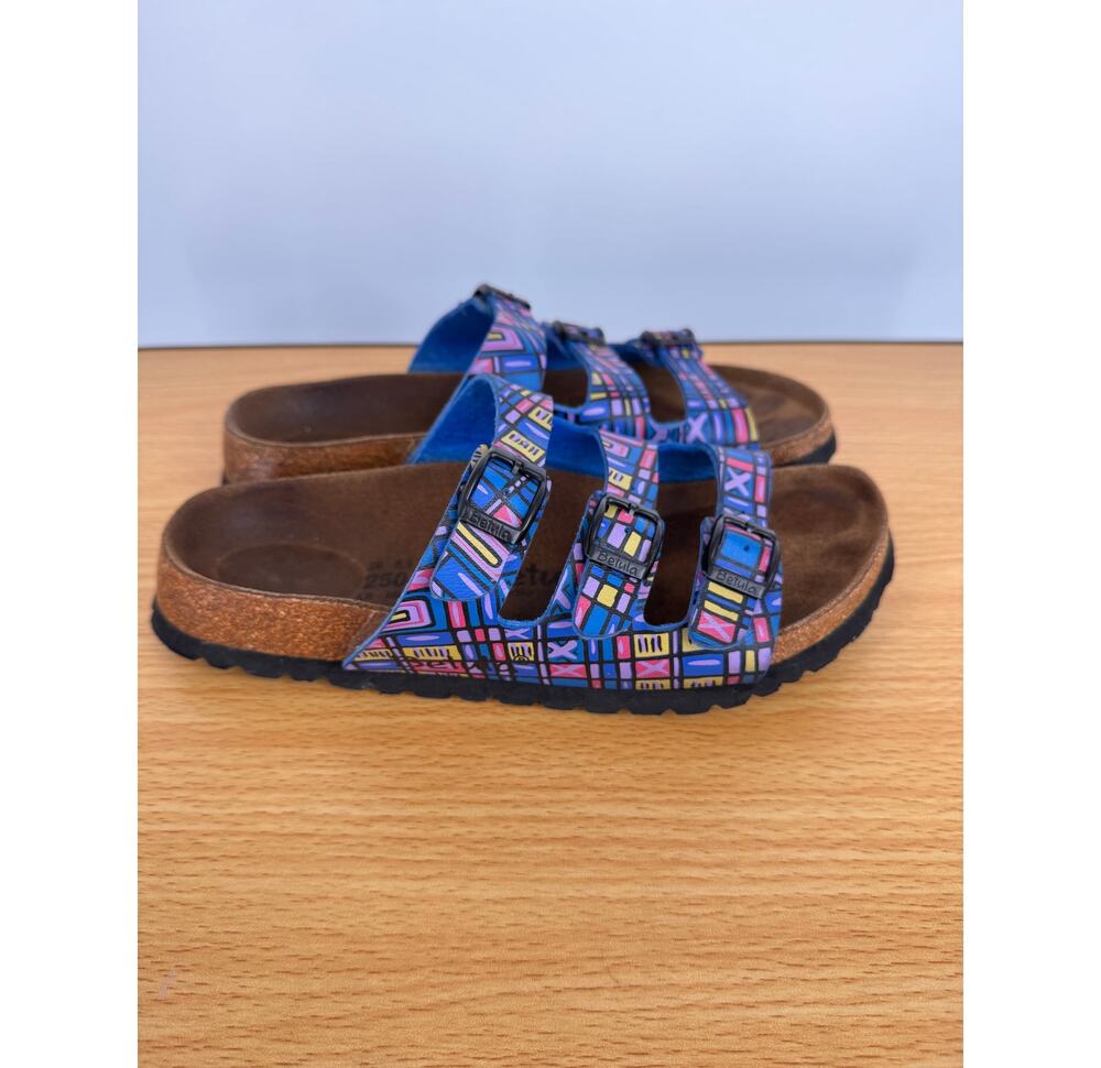 Betula By Birkenstock sandals women's 39 geo mosaic print 3 strap leather blue
